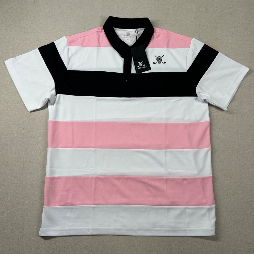 Chuco Golf Shirt Mens XL Performance Skull Pique Striped Color Block Pink Black